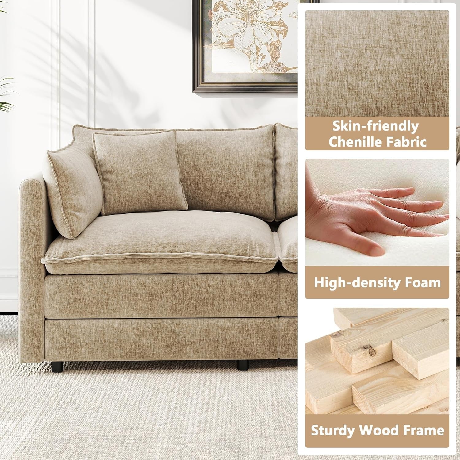 Convertible Modular Sectional Sofa 77 Inch Camel Deep-4