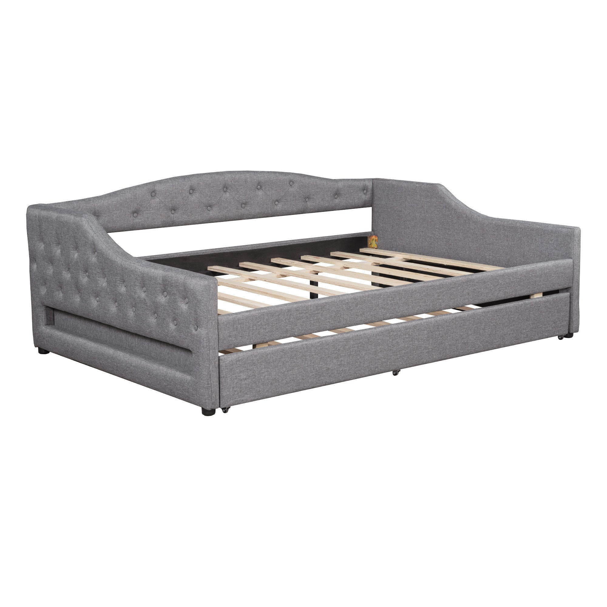 Upholstered Full XL Size Daybed with LED Belt and Trundle, Gray, Linen, 84'' x 41.5'' x 27''
