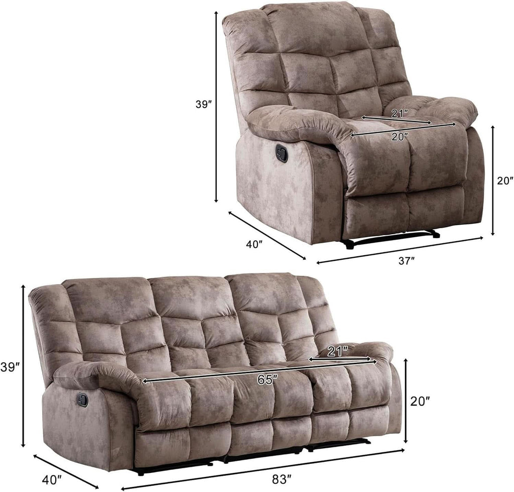 Manual Recliner Sofa Set Memory Foam Cushions Brown-1