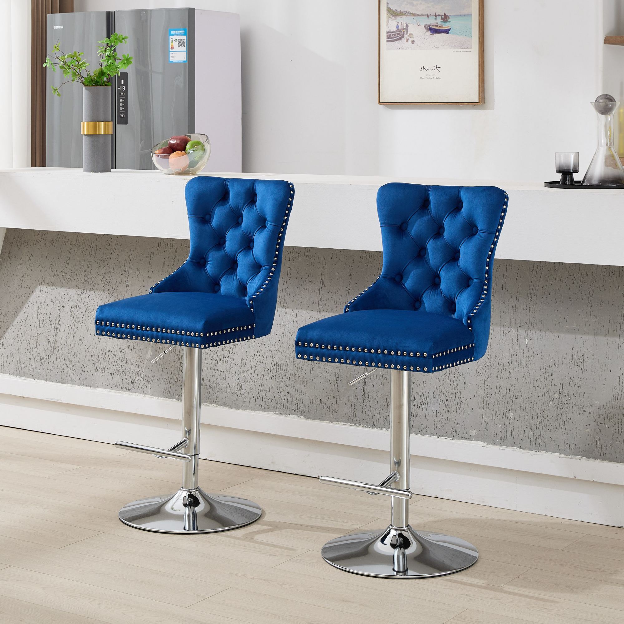 Thick Chrome Swivel Velvet Barstools (Set of 2)