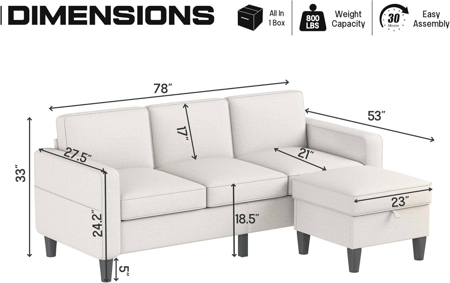 Seventy EightInch Beige Linen Sectional Sofa Storage-1