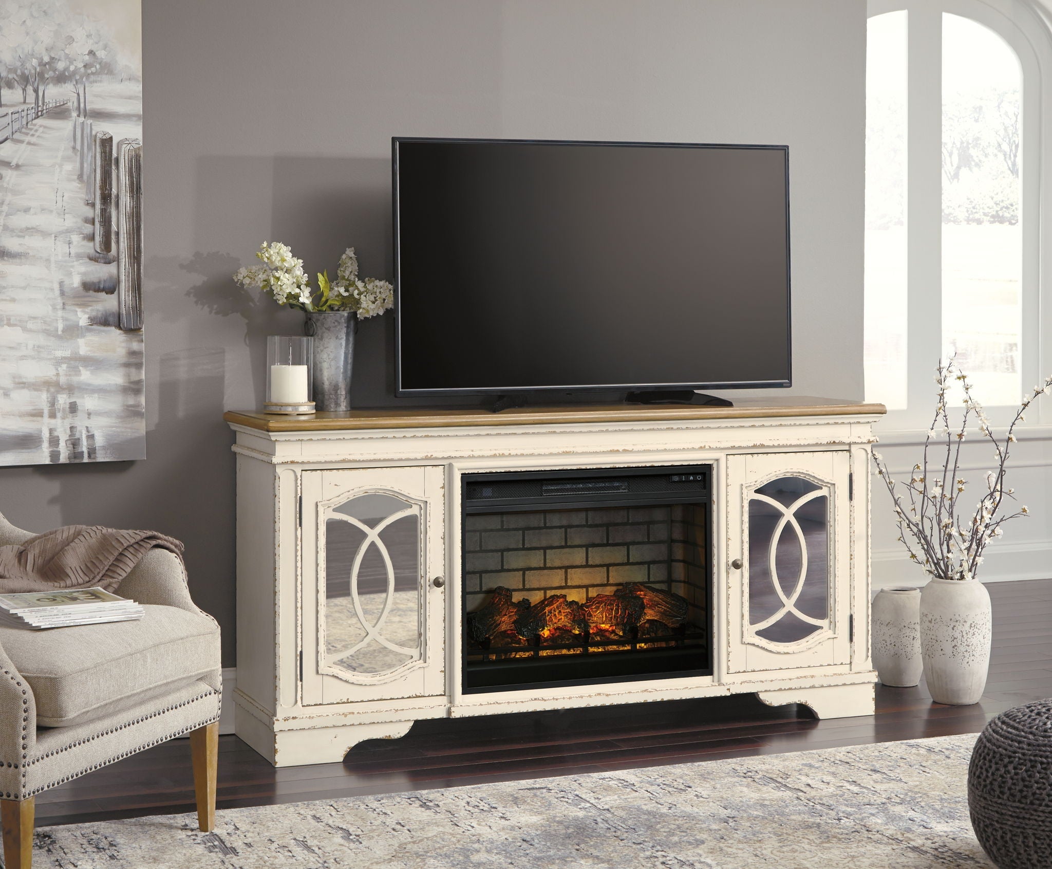 Realyn - 2 Pc. - 74" TV Stand With Electric Infrared Fireplace Insert - Chipped White-2
