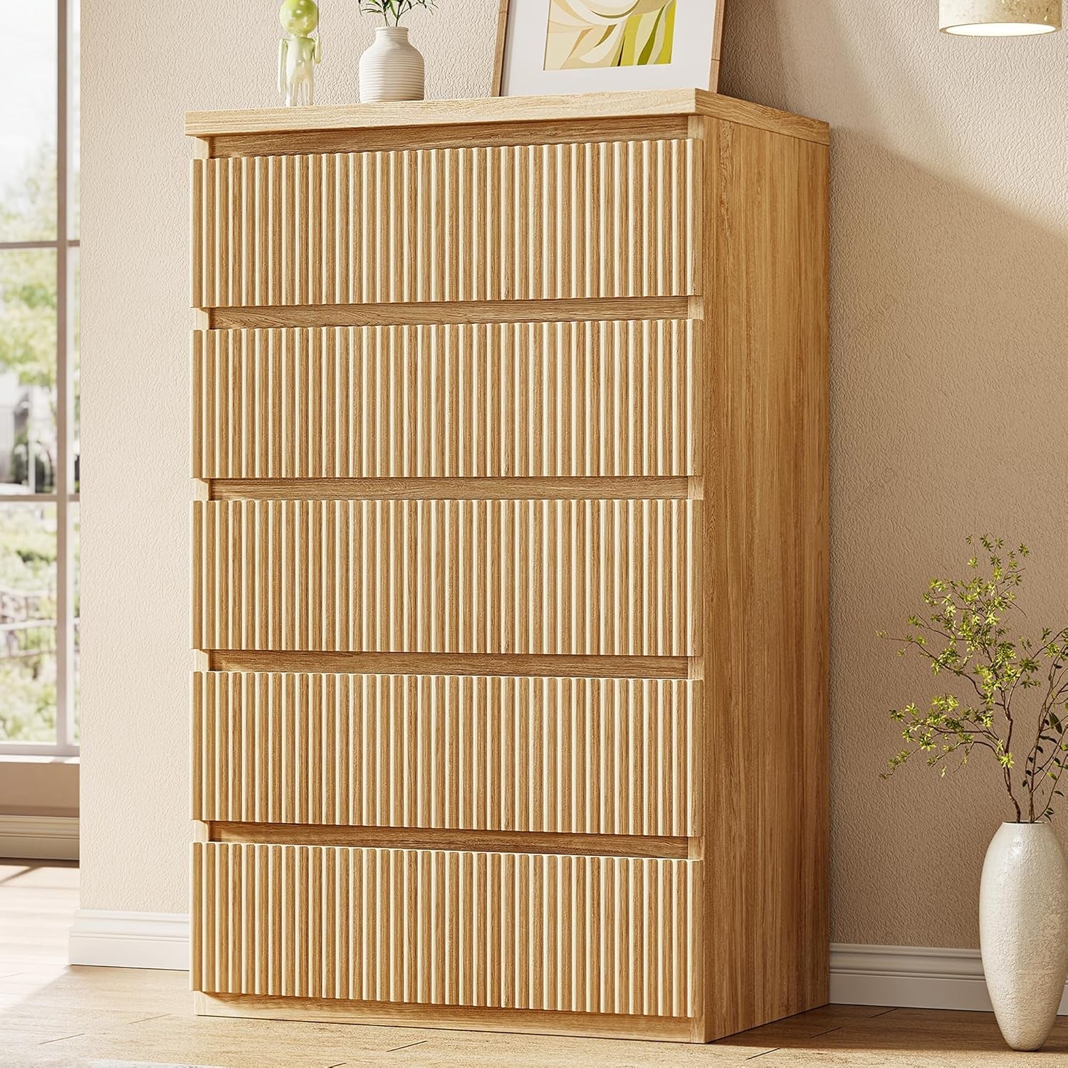 Elegant Oak Fluted Five Drawer Dresser Tall Unit Pro Series