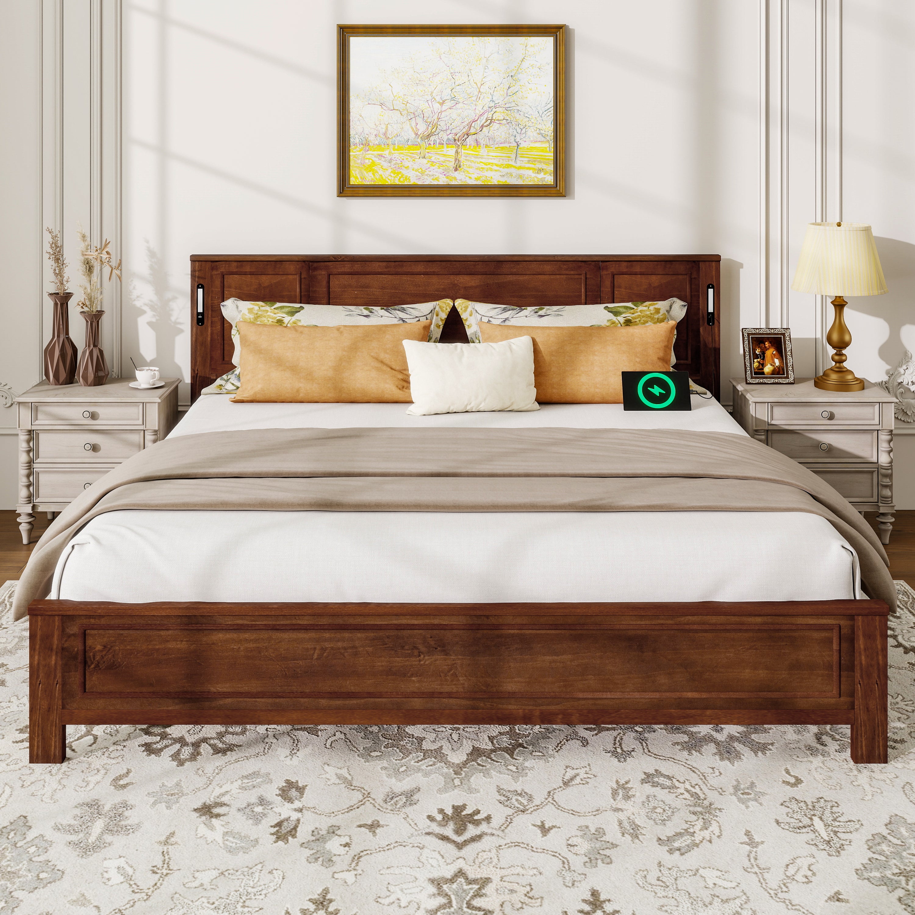 King Size Bed with Tall-Panel Headboard & Footboard, Built-in LED Lights, USB Charging Station, Pinewood Bed with Strengthened Bed Frame ,Walnut