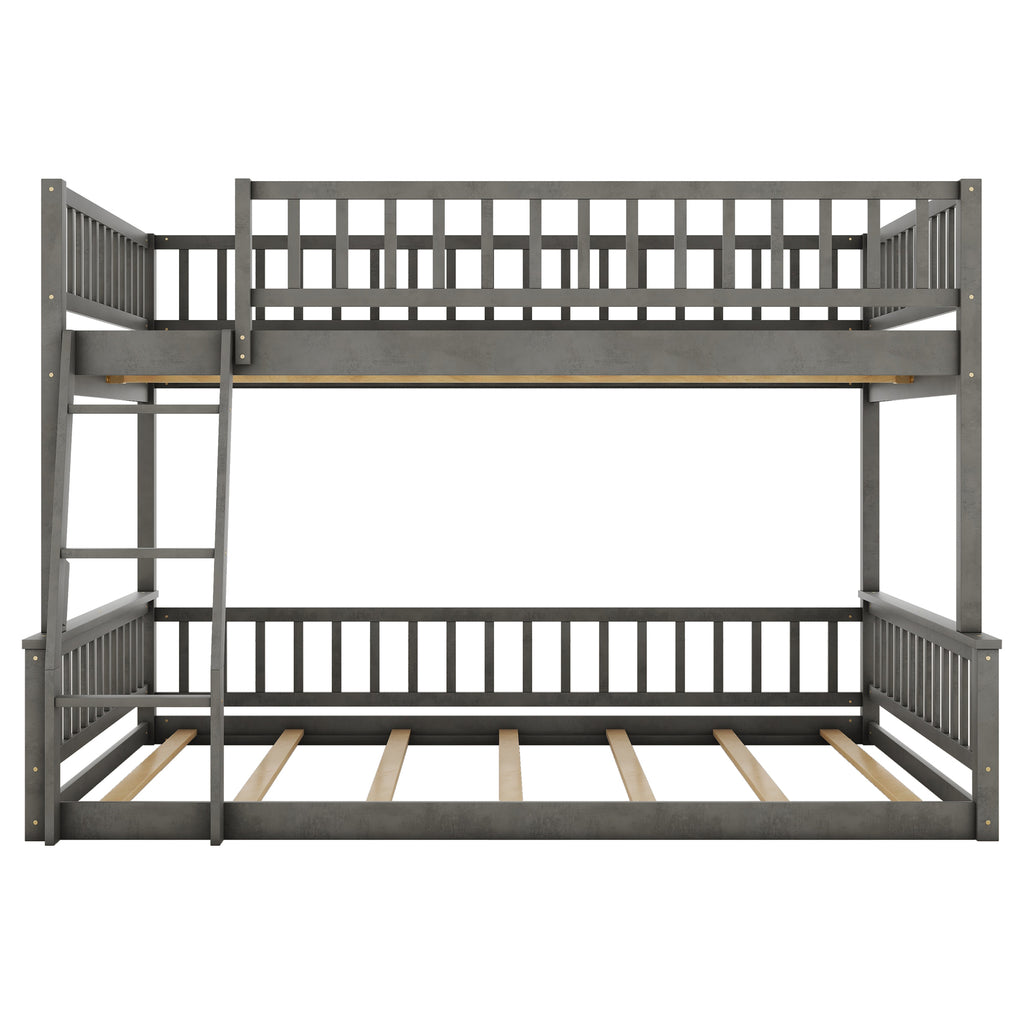 Gray Full XL over Queen Bunk Bed with Ladder and Guardrails, Pine Wood+MDF, 84.7''L x 63.7''W x 58.3''H