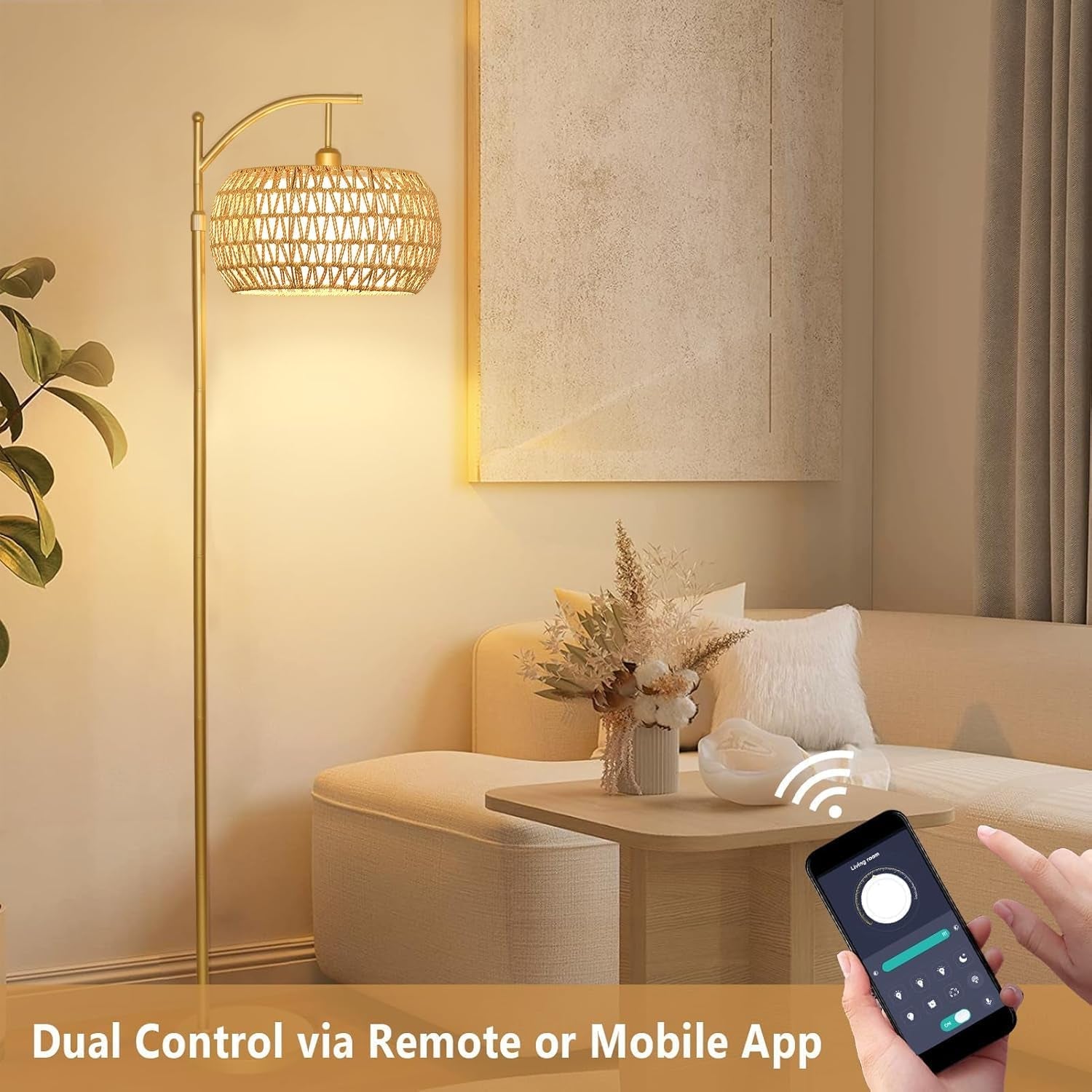 Gold Arc Floor Lamp Remote Dimmable Boho Rattan Shade-3