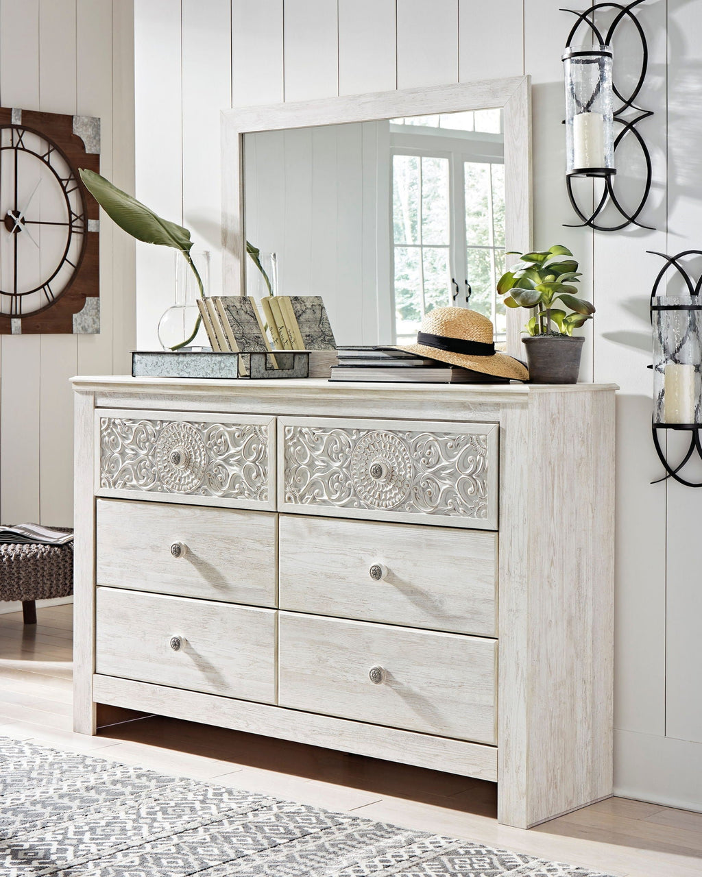 Paxberry - Dresser, Mirror - Medallion Drawer Pulls - Whitewash-1