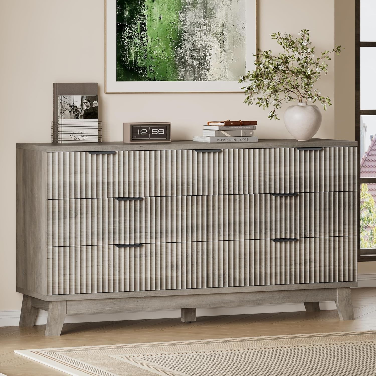 Fifty Seven Inch Fluted Seven Drawer Solid Wood Dresser-0