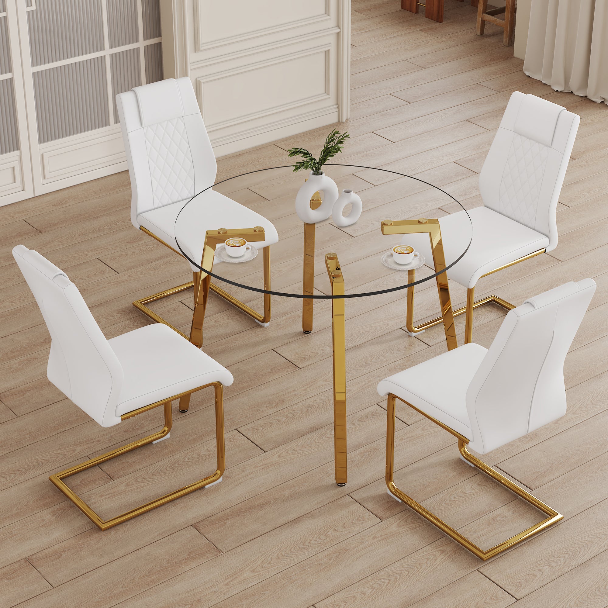 Table and chair set.A Modern Minimalist Style Round Clear Tempered Glass Table with Metal Legs.Paried with white chairs with Modern PU Leather High Back Upholstered and C-Tube Golden Legs.