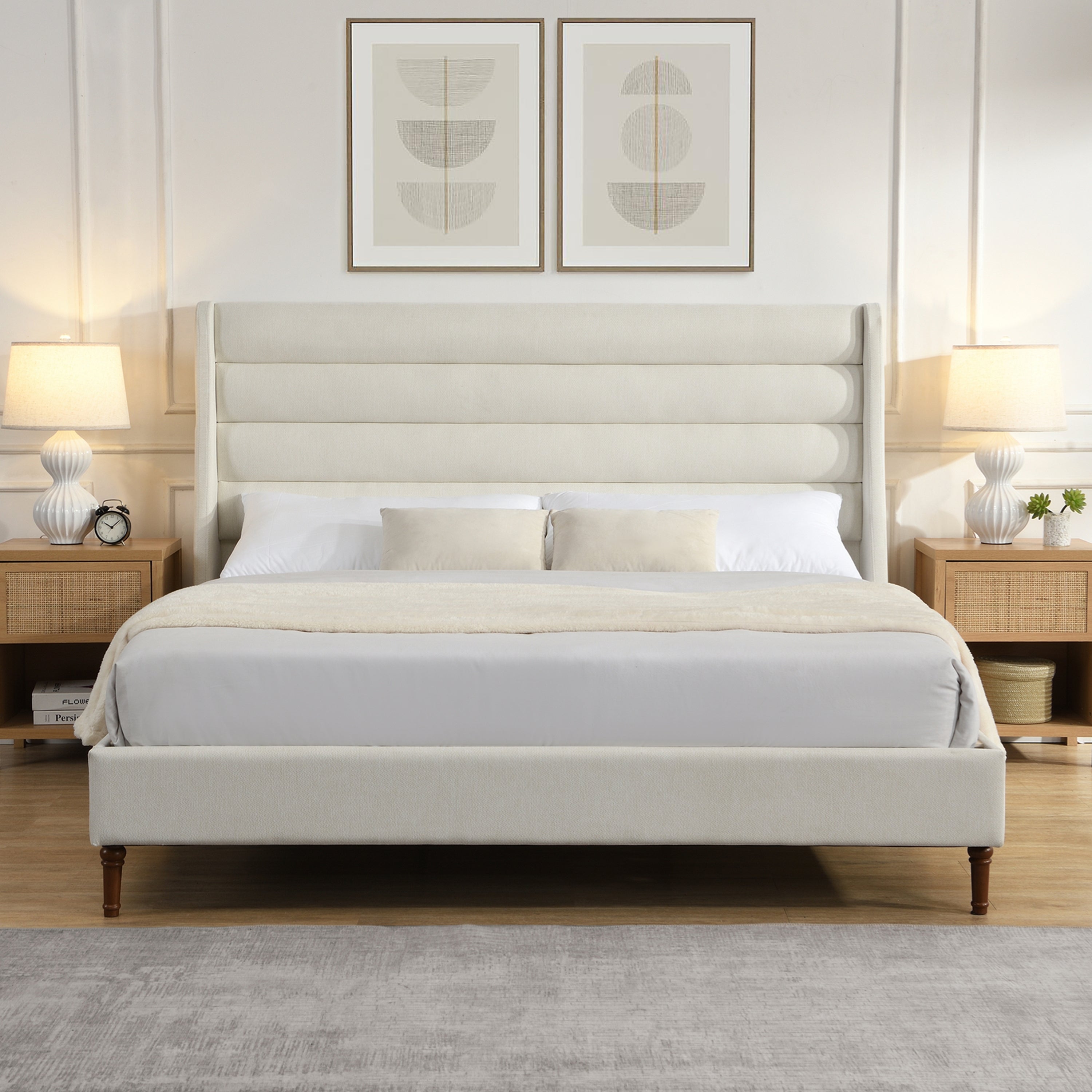 Modern Minimalist King Size Upholstered Platform Bed Frame with Wave - Shaped Headboard, Premium Chenille Fabric, No Box Spring Needed, Easy Assembly, Ivory