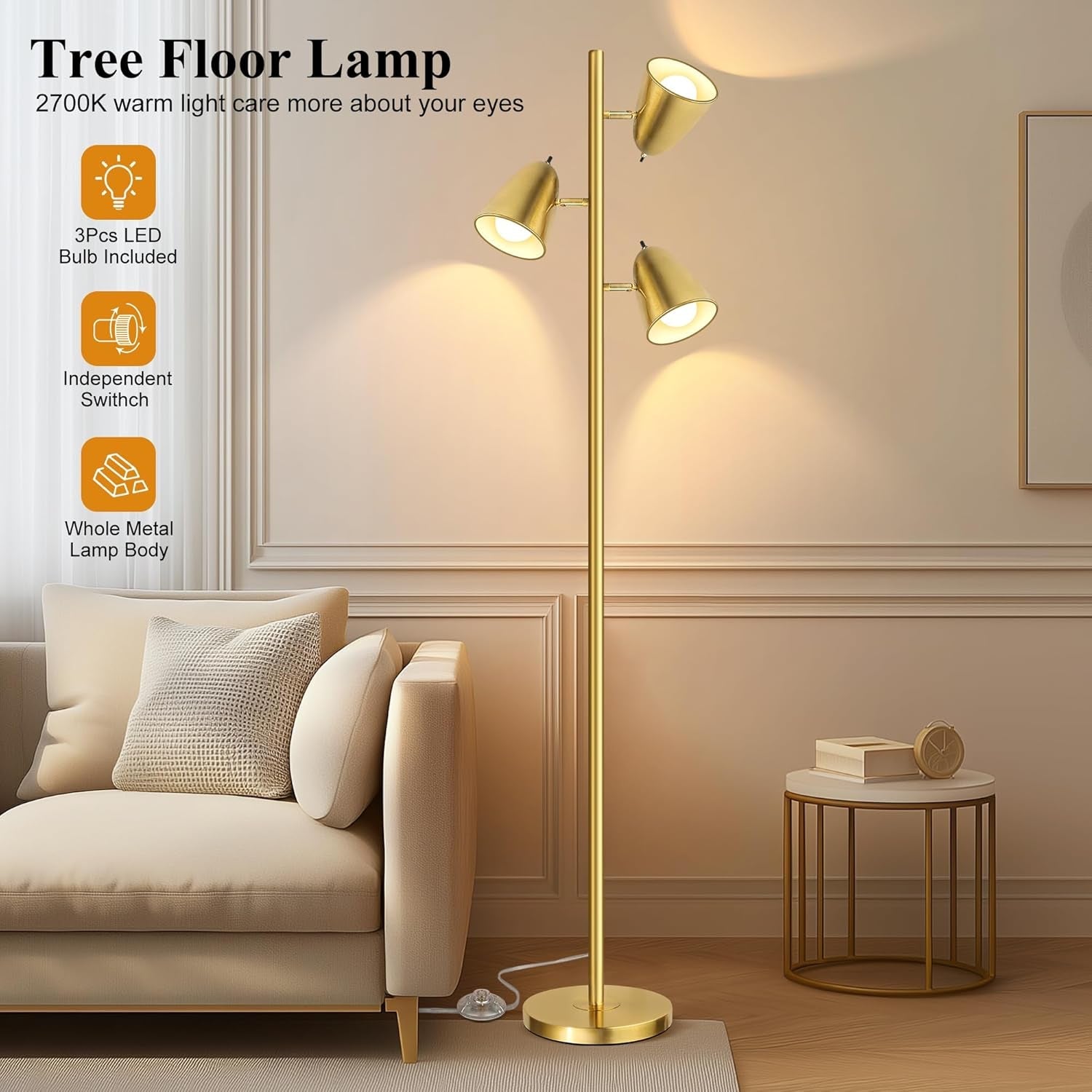 Industrial Brushed Gold Tree Floor Lamp Adjustable