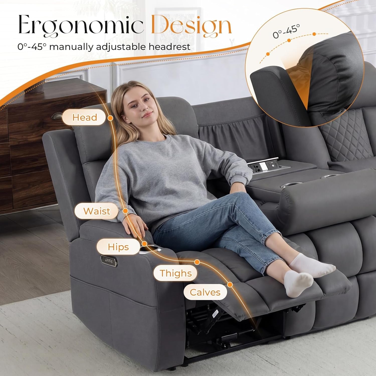 Dark Gray Adjustable Sophisticated Recliner Sofa Ports-4