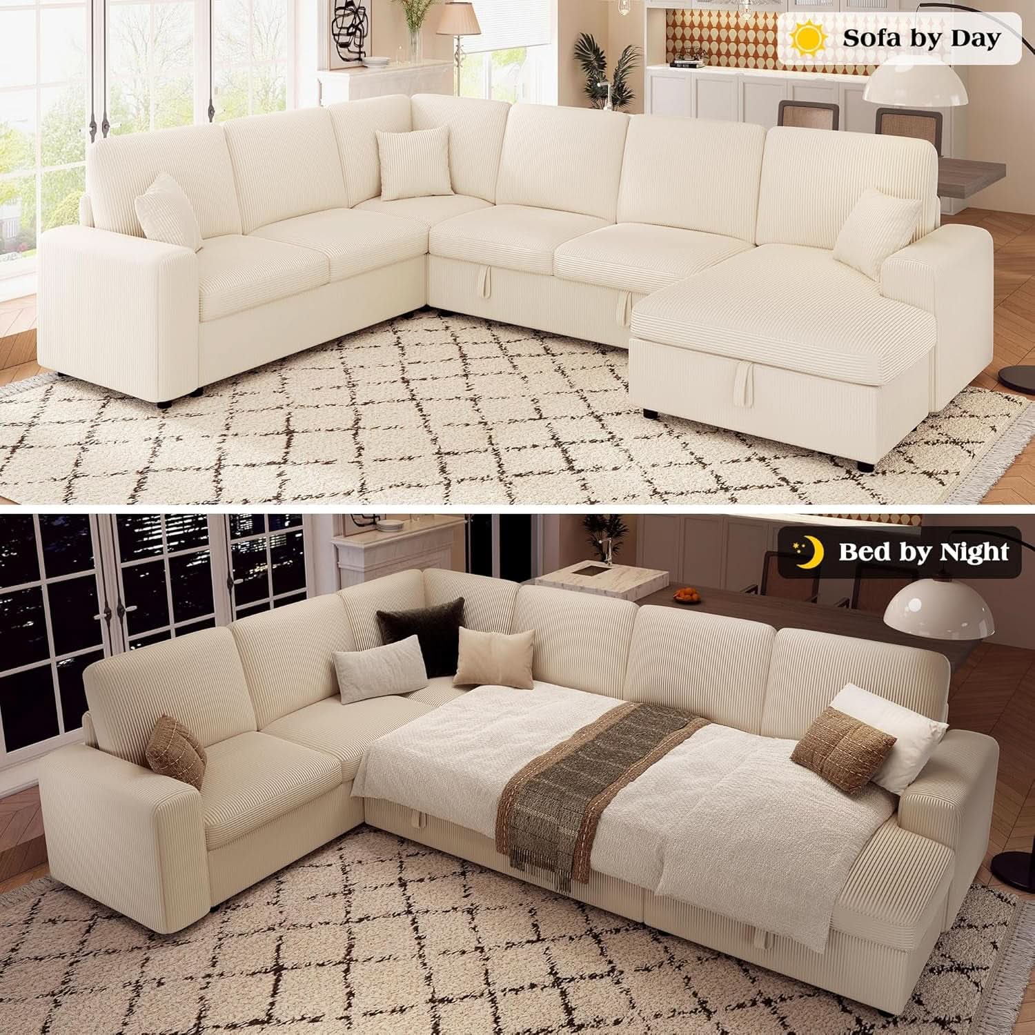 130 Inch Beige Corduroy Sectional Sofa Bed Storage Compartment-2