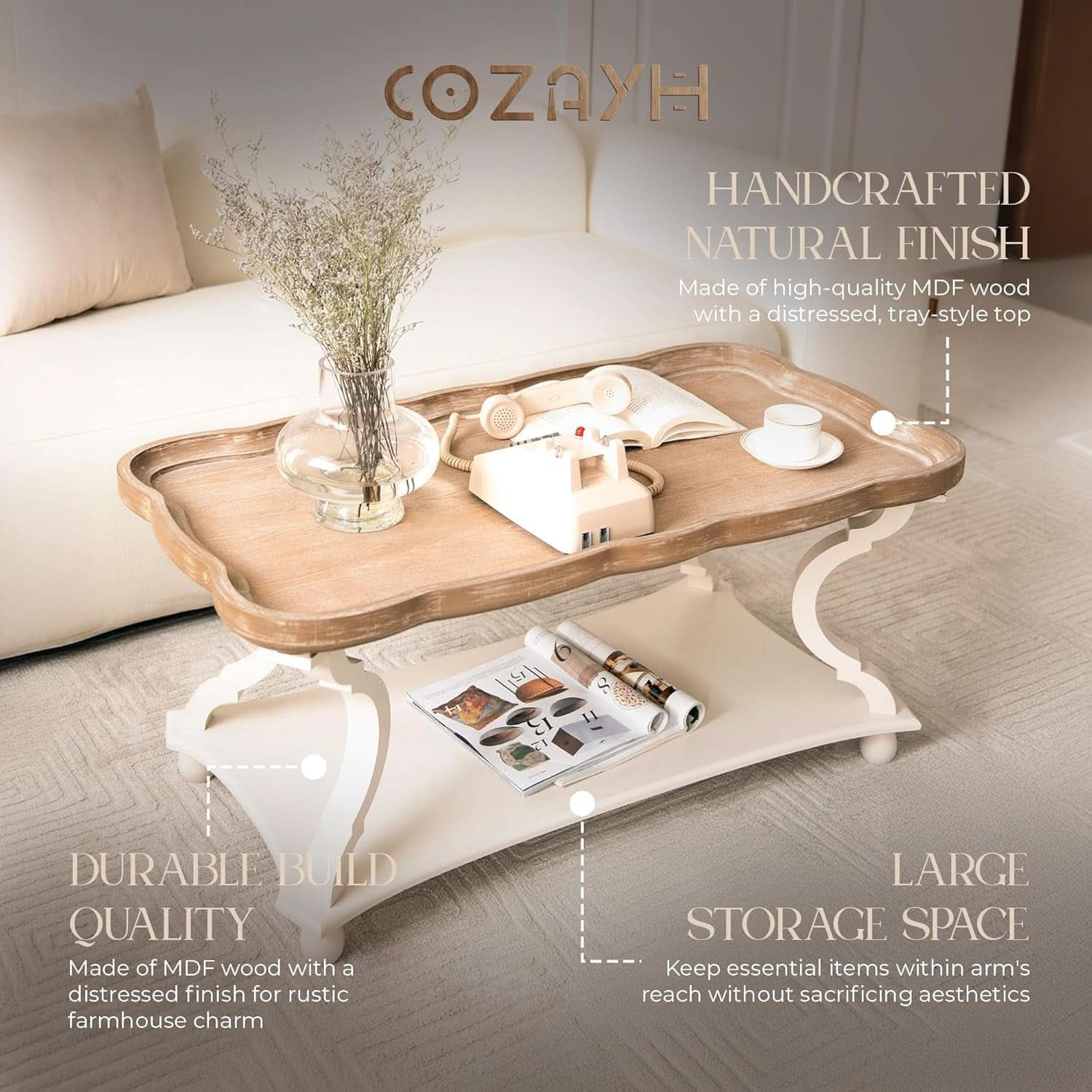 Handcrafted Farmhouse Natural Tray Top Coffee Table