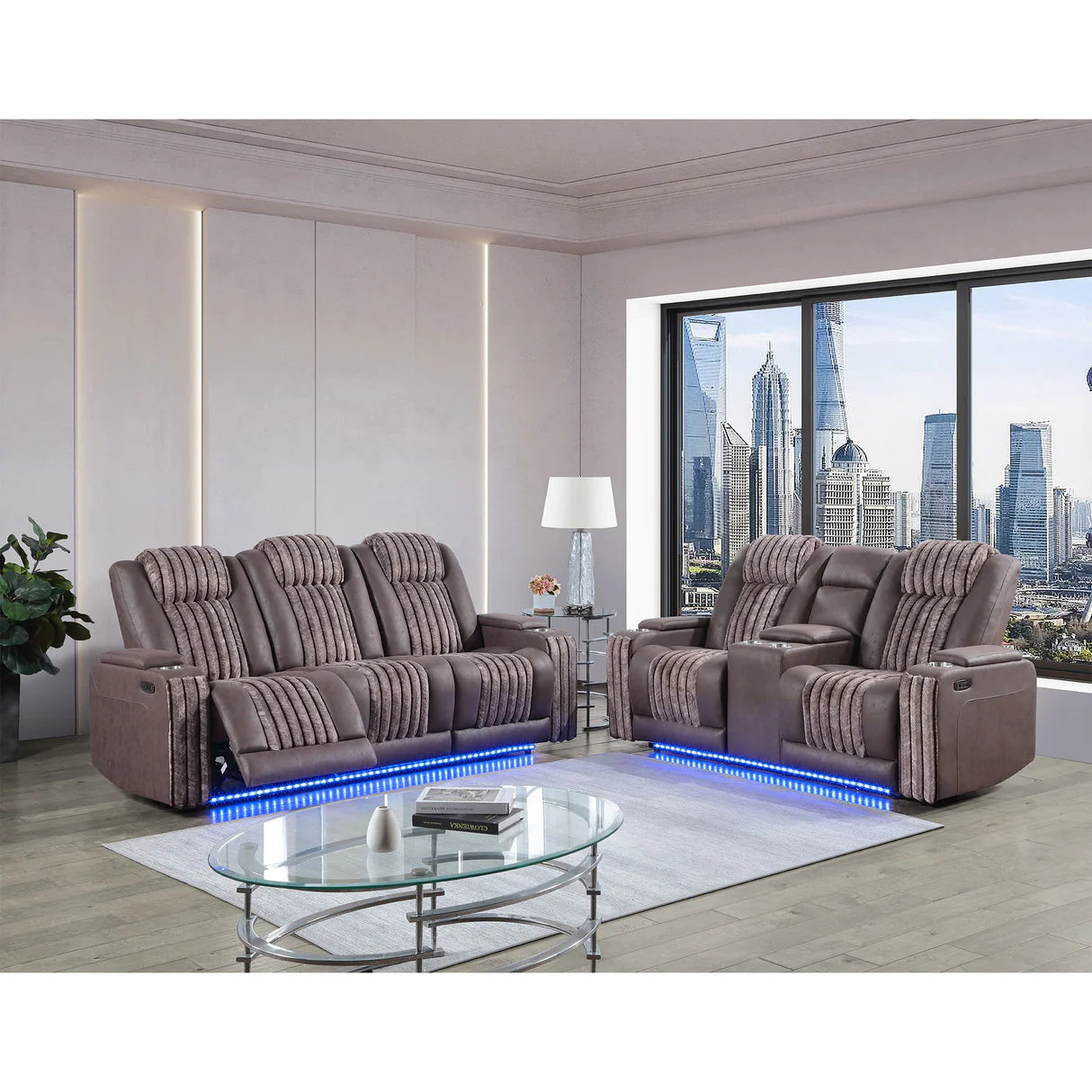 Duran Brown Power Reclining Sofa and Loveseat with Power Headrest, LED Lighting, USB Charging, and Bluetooth Speaker - Brown Wood Finish
