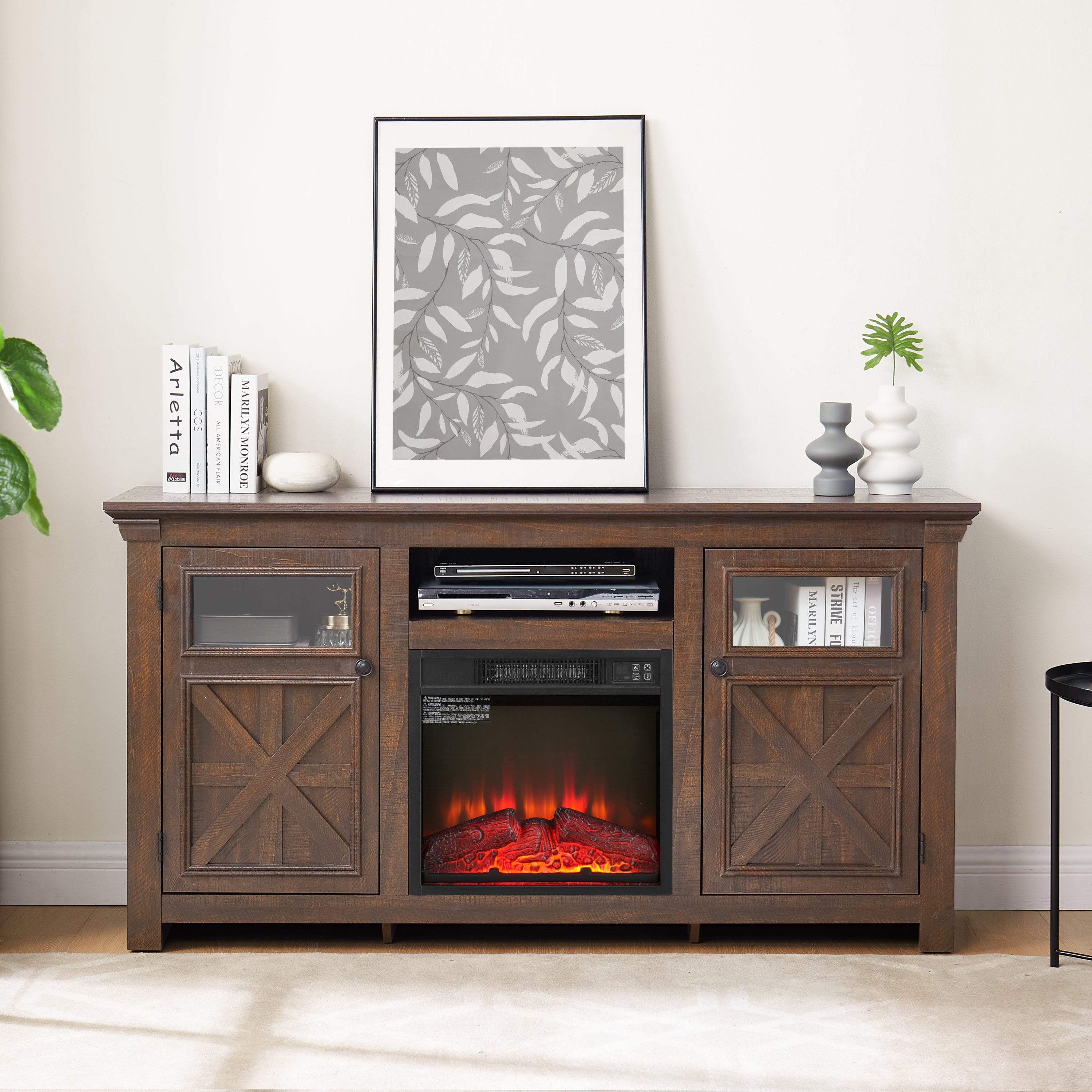 2 Doors Cabinet Farmhouse  Cabinet, Farmhouse TV Stand Barn Design,Farmhouse TV Media Stand, Large Barn Inspired Home Entertainment Console with 18' fireplace insert,Espresso,60.23'W*15.35'D*31.7'H