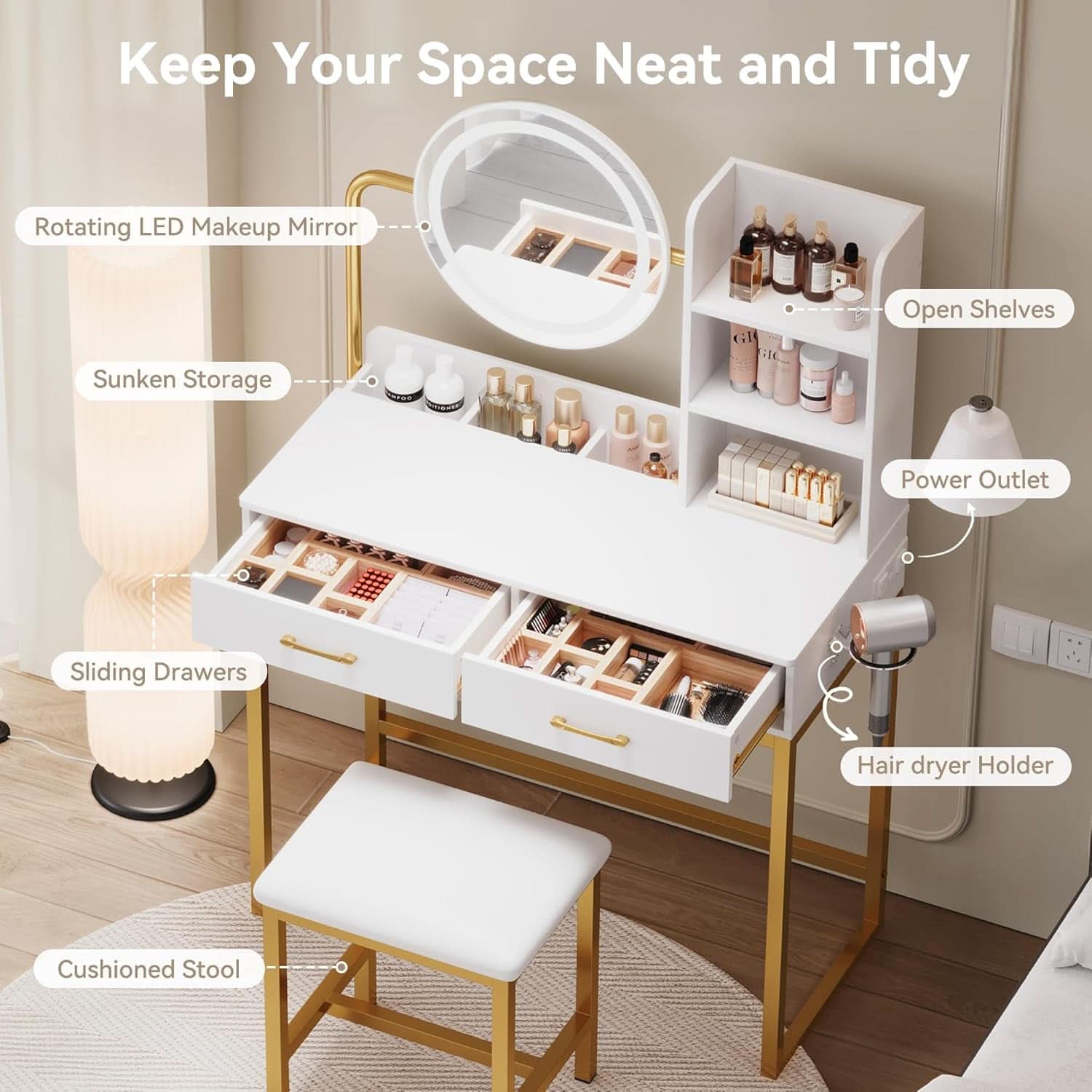 White Gold Vanity Console Table With Illuminated Mirror-3