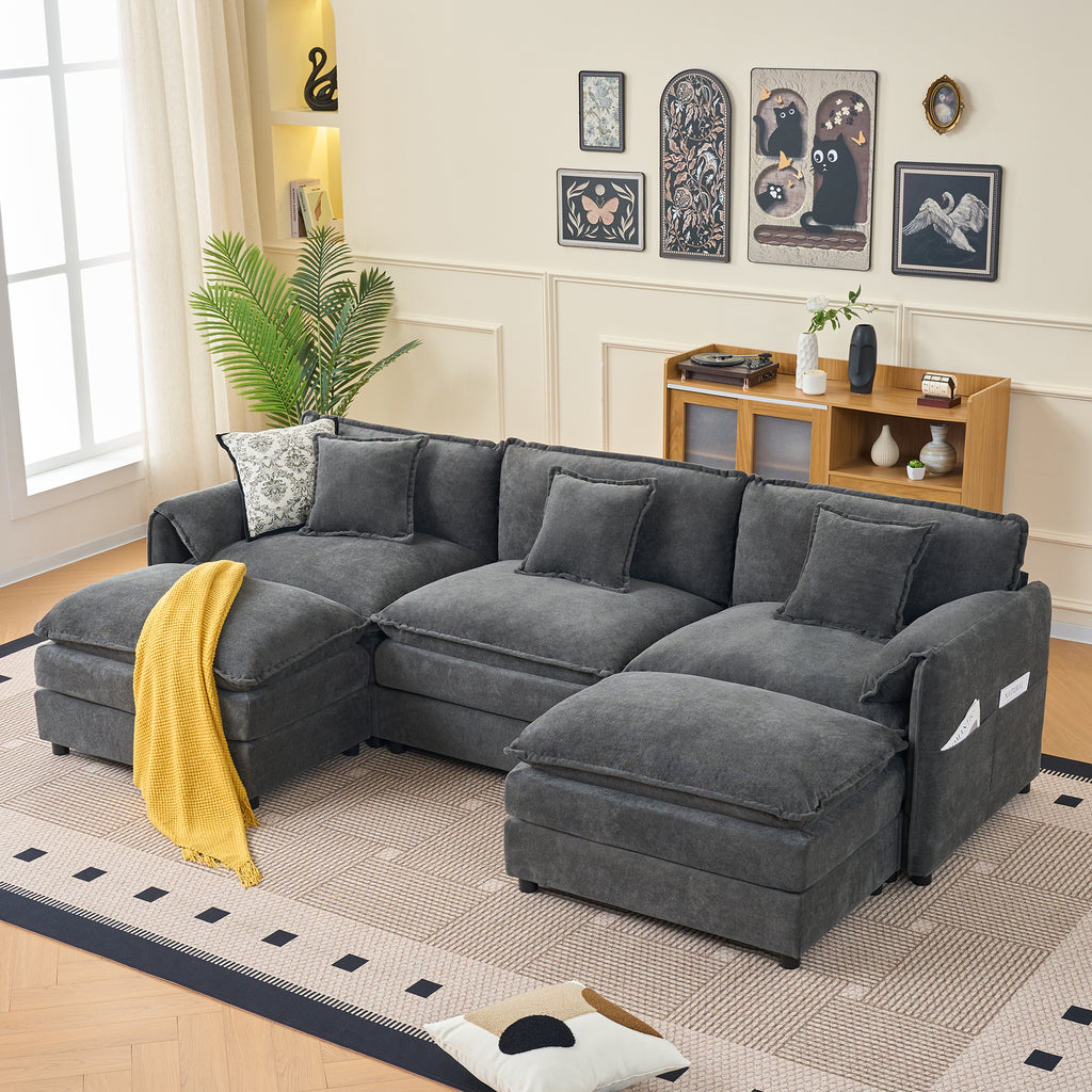 Modular Sectional Sofa, Oversized Deep Seat U Shaped Couch Set for Living Room, 3-Seater Comfy Cloud Couches with 2 Movable Ottomans, DIY Combination, Chenille,Grey