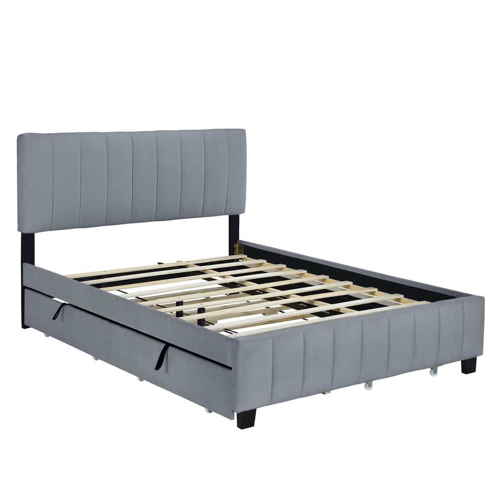 Contemporary Velvet Upholstered Queen Platform Bed with Drawers, Trundle, Gray
