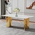 Modern minimalist dining table. The white imitation marble glass desktop is equipped with golden metal legs. Suitable for restaurants and living rooms 71 '* 39.3' * 29.5 'W1151S00602