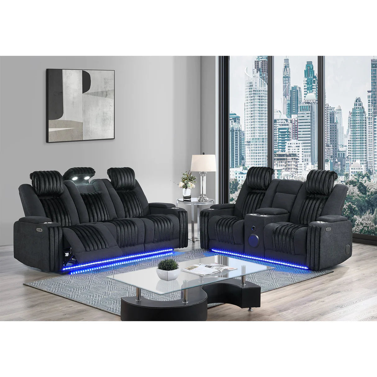 Duran Black Power Reclining Sofa and Loveseat