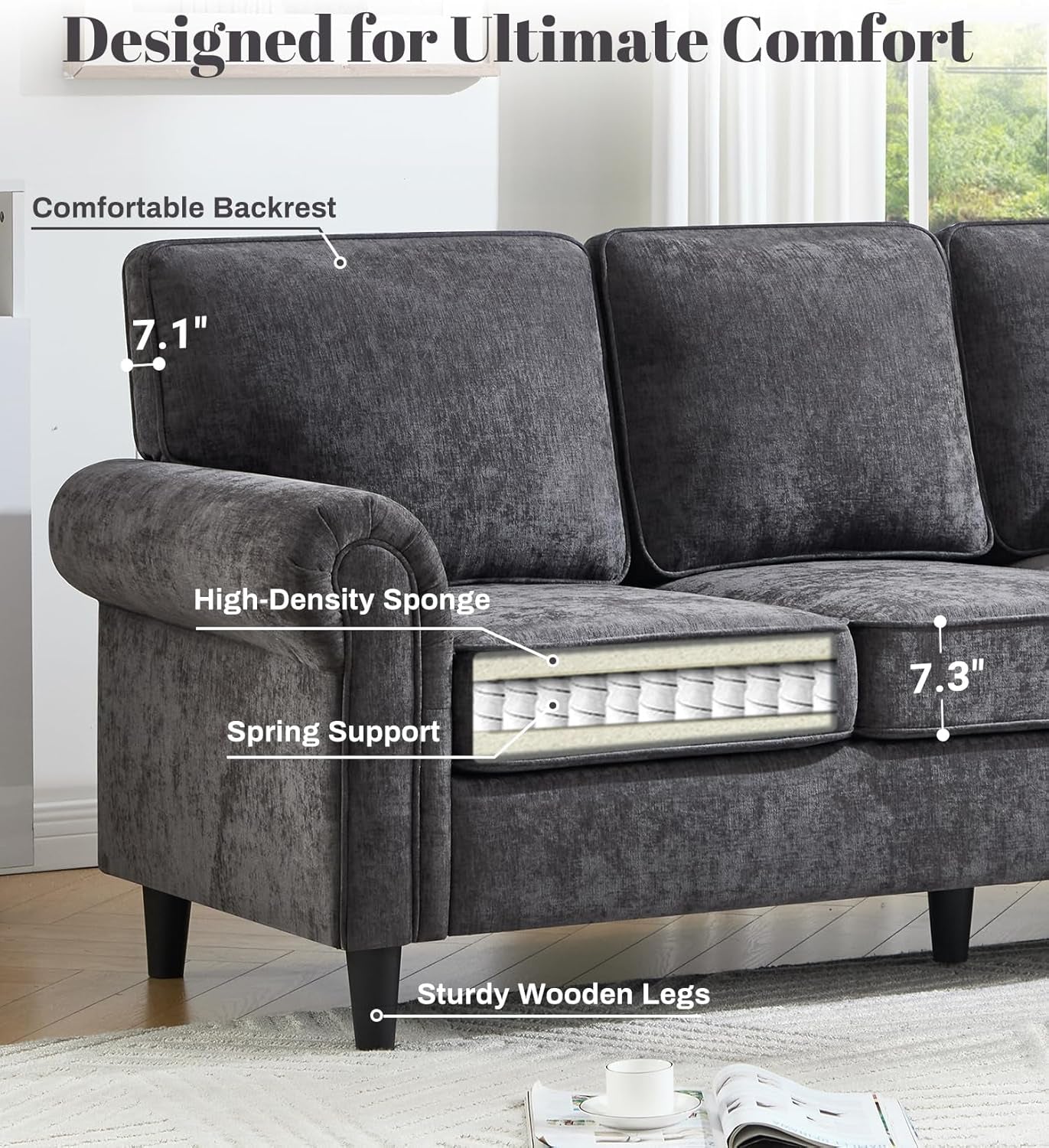 Gray Three Seater Sofa With Upholstered Cushioning-2