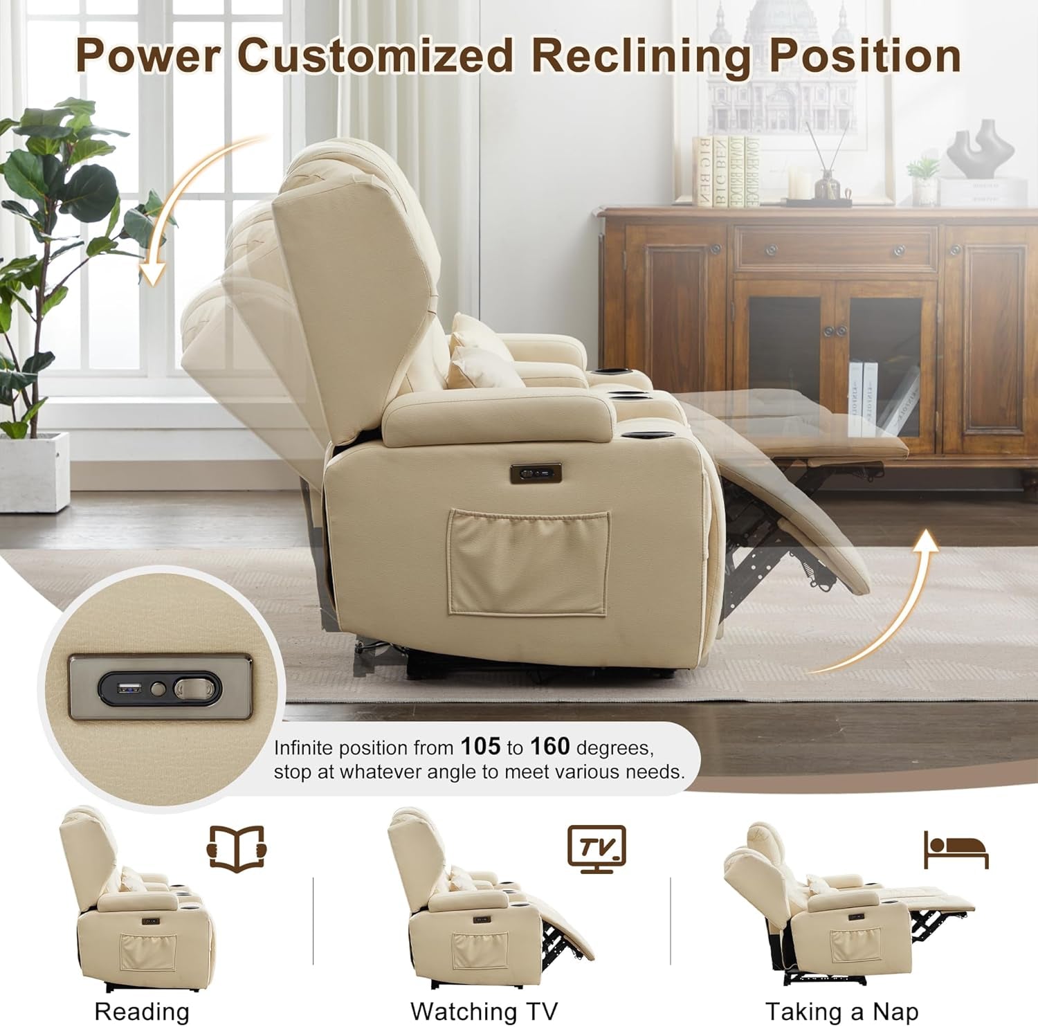 RV Power Leathaire Fabric Recliner Sofa Beige Wallhugger-3