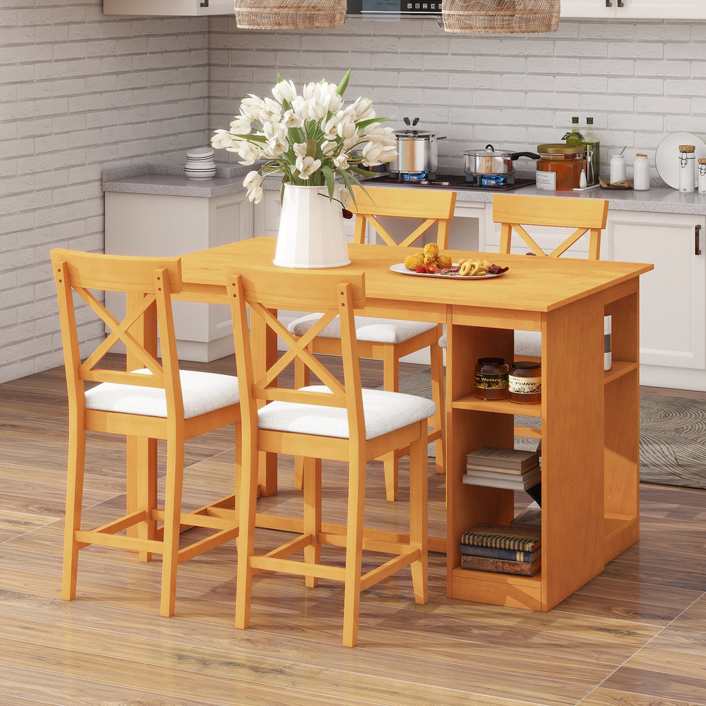 TOPMAX 60'Lx30'W Solid Wood Farmhouse Counter Height Dining Table Set with 3-Tier Storage Shelves, Upholstered Dining Chairs for 4, 5-Piece, Brown