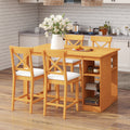 TOPMAX 60'Lx30'W Solid Wood Farmhouse Counter Height Dining Table Set with 3-Tier Storage Shelves, Upholstered Dining Chairs for 4, 5-Piece, Brown