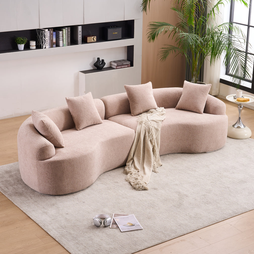 LY-025 Modular Sleeper Sectional Sofa, 4-Seater with Wood Grain Chenille Fabric, Warm Beige Convertible Sofa Bed, 30D High-Density Sponge Couch for Apartment & Living Room