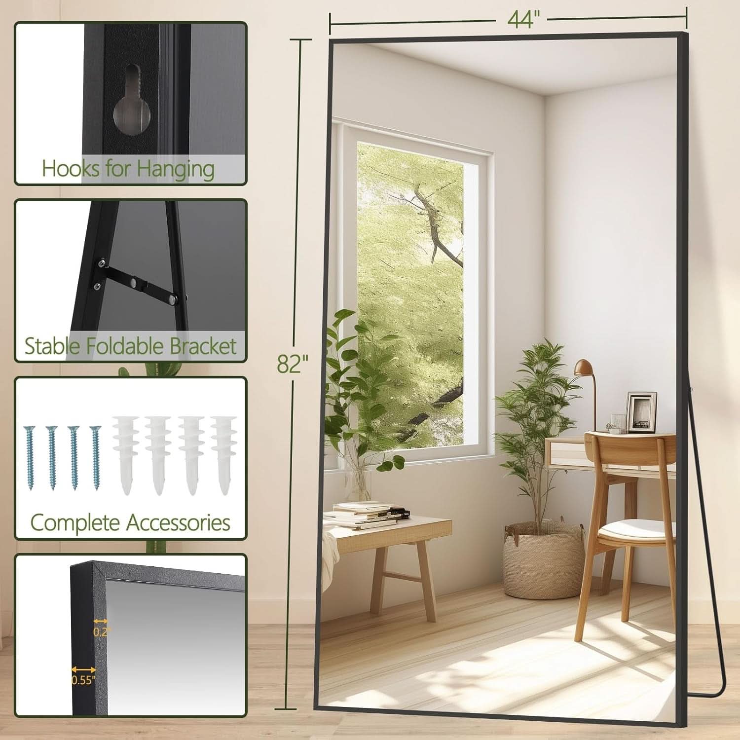 82x44Inches Full Length Arched Frame Floor Mirror Black-4