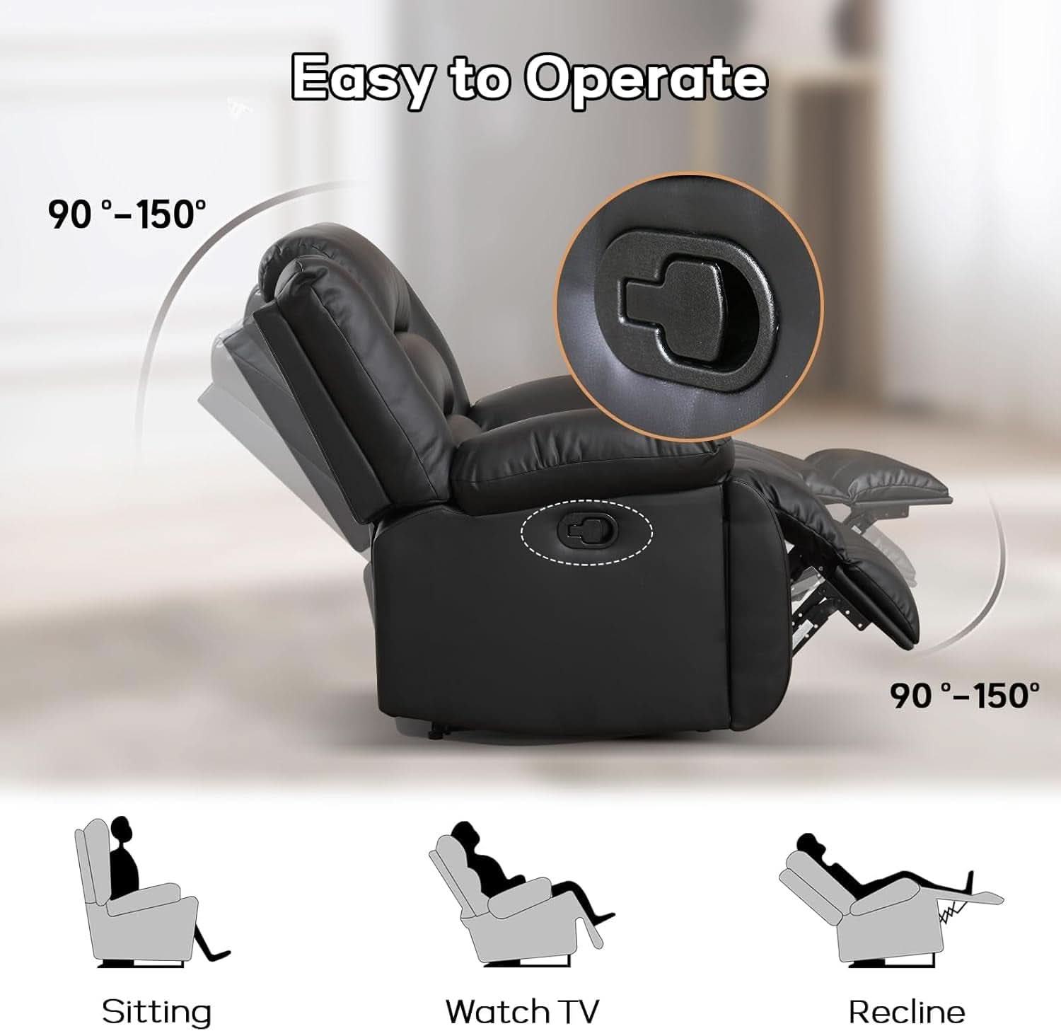 Black Faux Leather Manual Recliner Sofa Cupholders-4