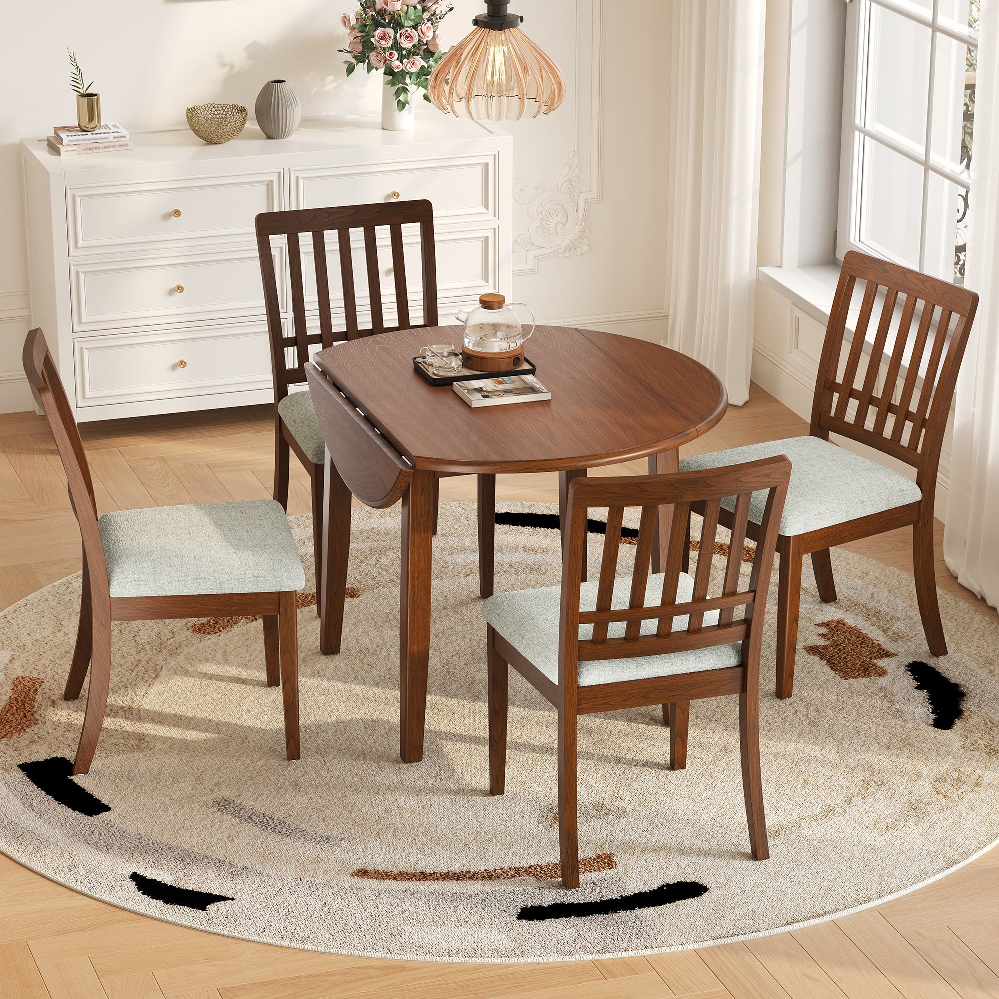 5-Piece Round Dining Table Set for 4 People, 1 Folding Wood Dining Table + 4 Upholstered Chairs, Space-Saving Design for Small Apartments and Dining Areas - BROWN