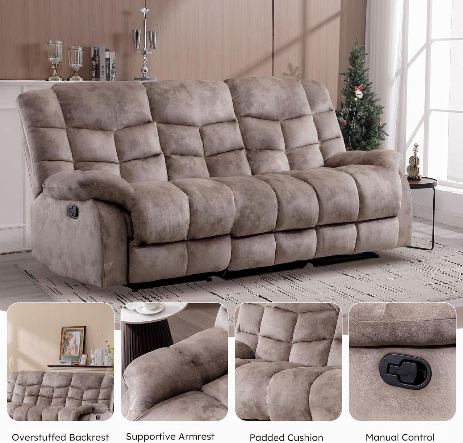 Manual Recliner Sofa Set Memory Foam Cushions Brown-2
