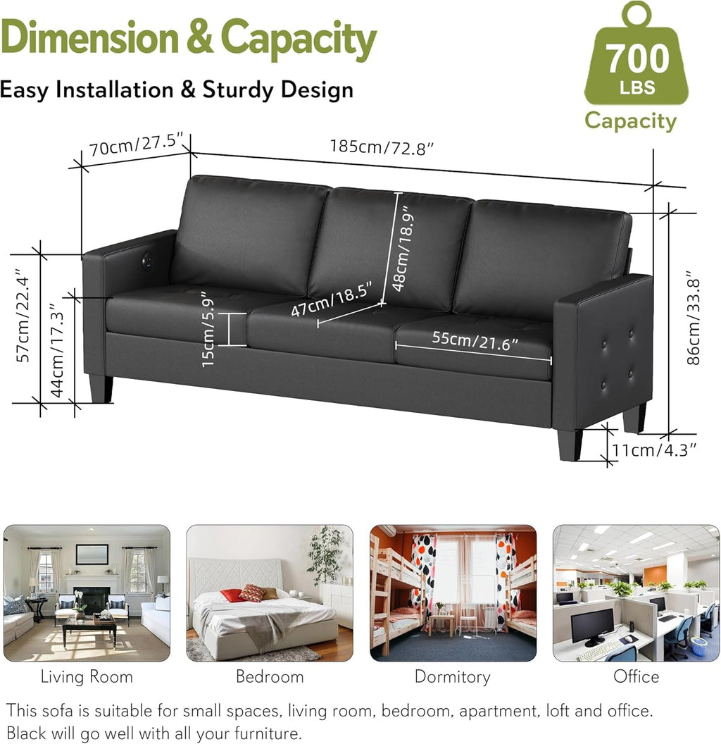 Black Seventy ThreeInch Three Seater Sofa For Living Room-1