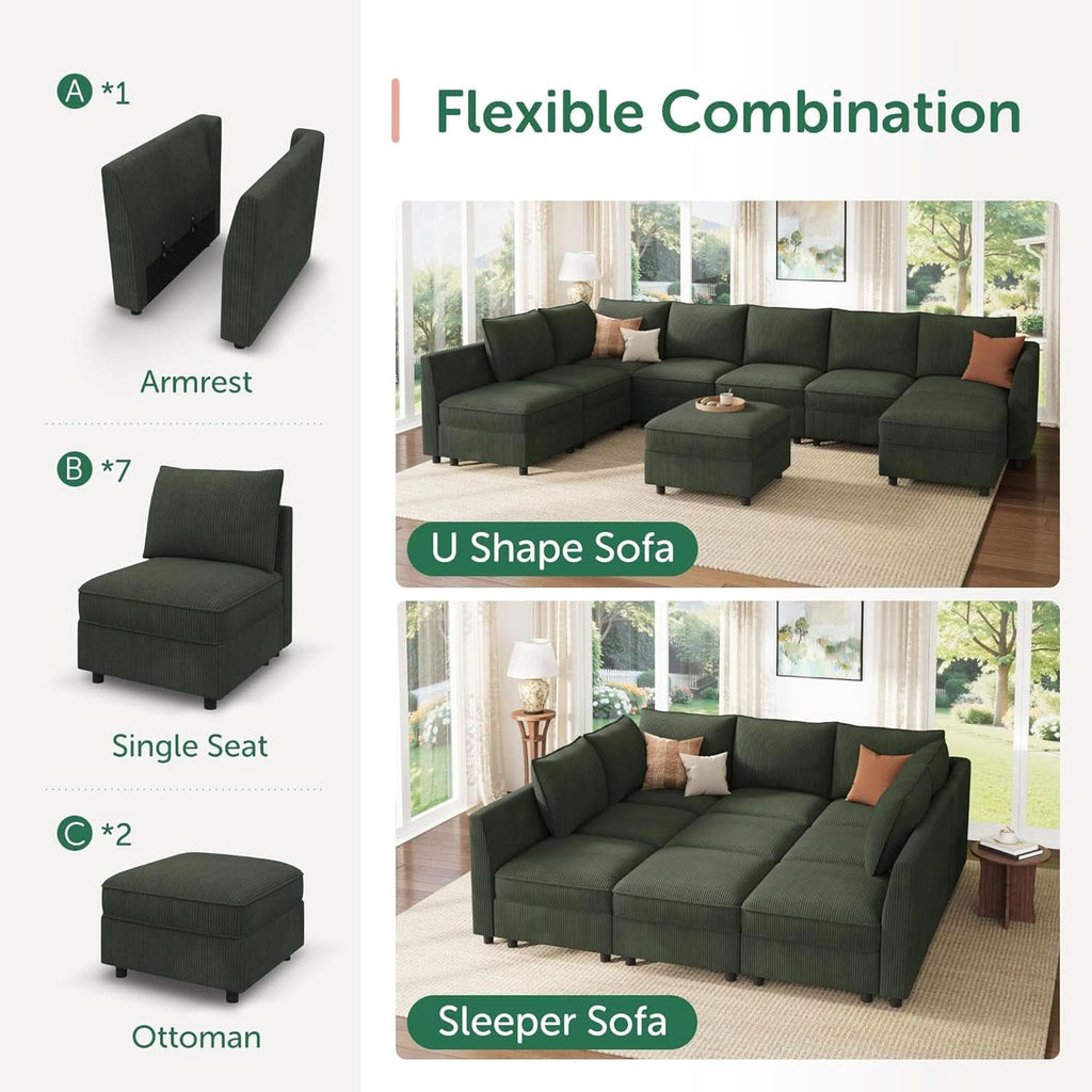 Emerald Green Modular Sleeper Sofa With Hidden Storage Compartment-4