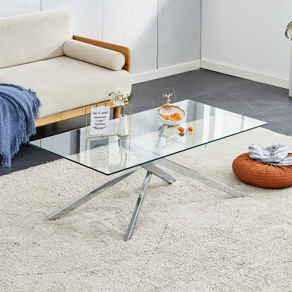 39.37' Rectangular Clear Tempered Glass Coffee Table,Stylish Design with Silver Chrome Plated Metal Legs, Coffee Table for Living Room