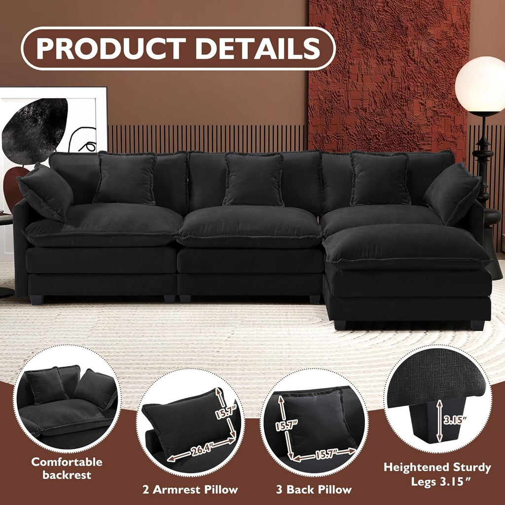 111.4-Inch L-Shaped Black High-Resilience-Deep-Seat Sectional Sofa-3