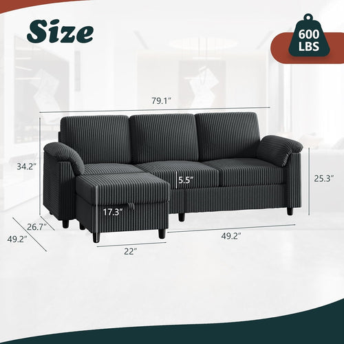 79 Inch Corduroy Upholstered Sectional Sofa Charcoal-1