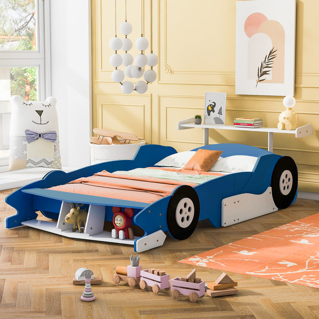 Full Size Race Car-Shaped Platform Bed with Wheels,Blue(OLD SKU: LP002420AAC)