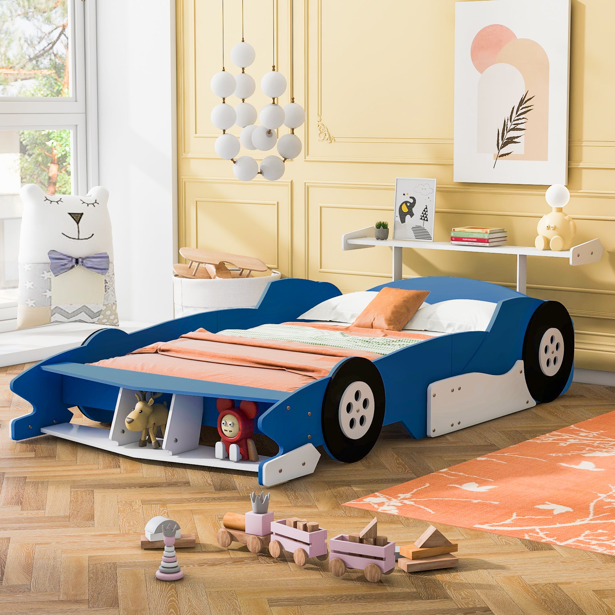 Full Size Race Car-Shaped Platform Bed with Wheels,Blue(OLD SKU: LP002420AAC)