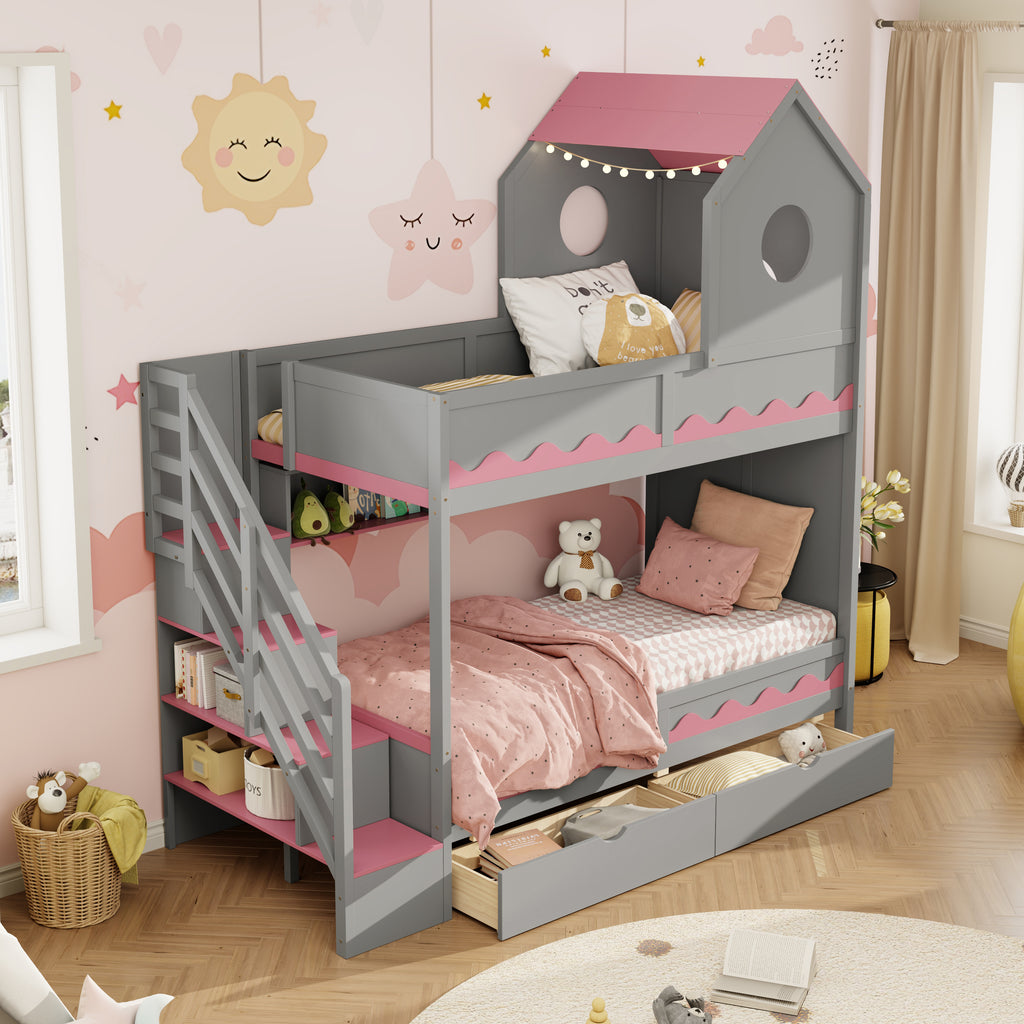 Twin Over Twin Bunk Bed with House-Shaped Roof and Storage Stairs
