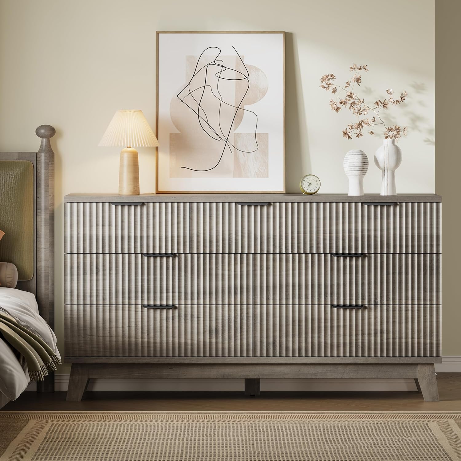 Fifty Seven Inch Fluted Seven Drawer Solid Wood Dresser