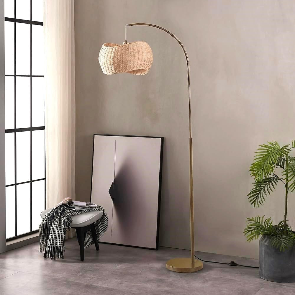 Brass Wave Arc Floor Lamp Handwoven Wicker Shade Aura-4