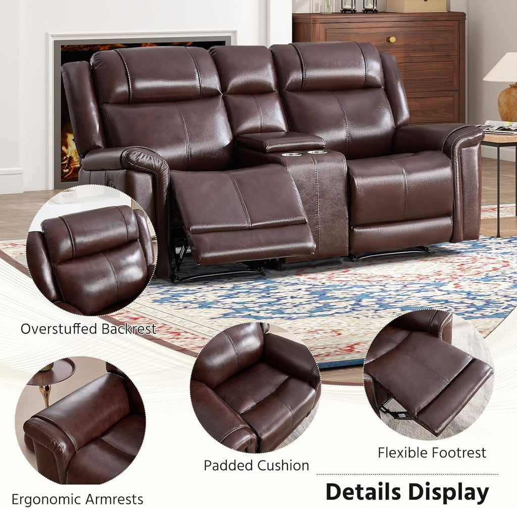 Genuine Leather Manual Overstuffed Loveseat Recliner Brown-4