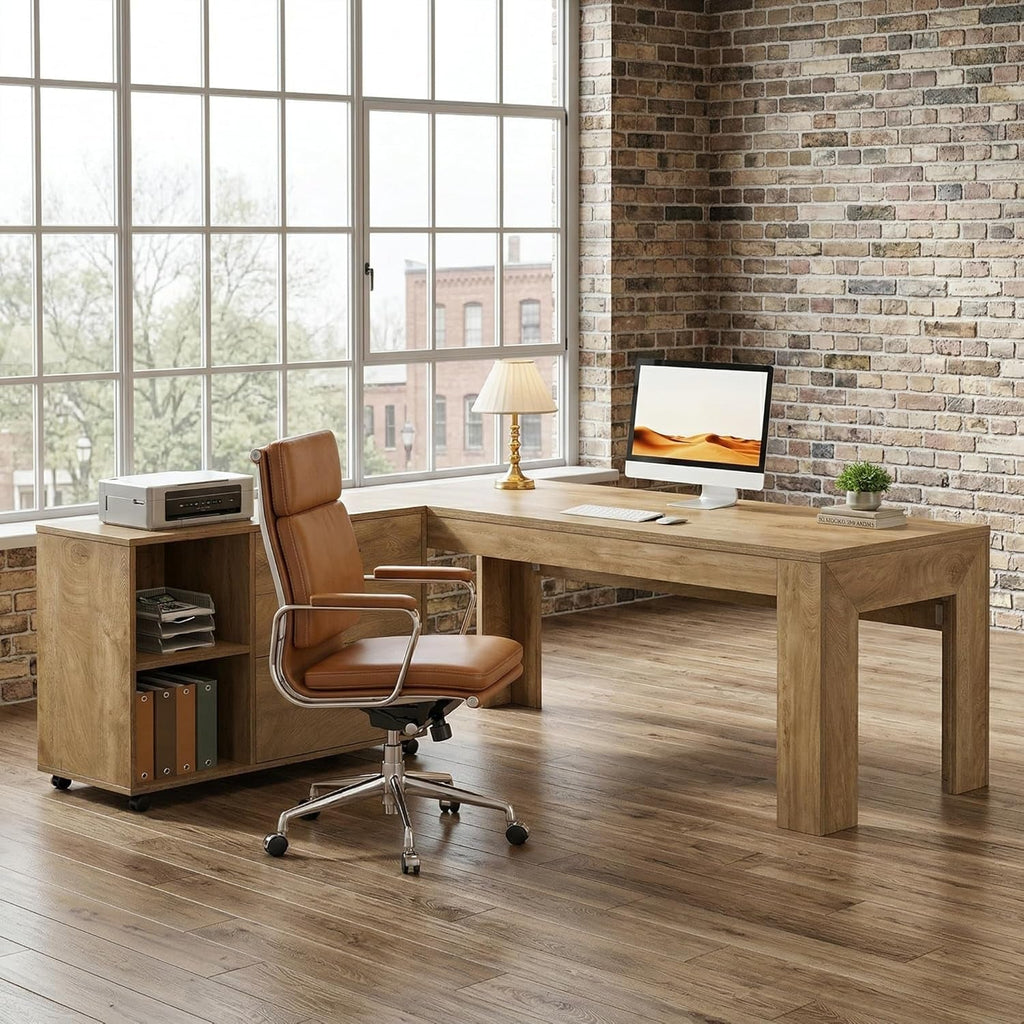 Sixty Three Inch L Shaped Desk WithStorage Drawers Brown Finish Executive Desk Premium