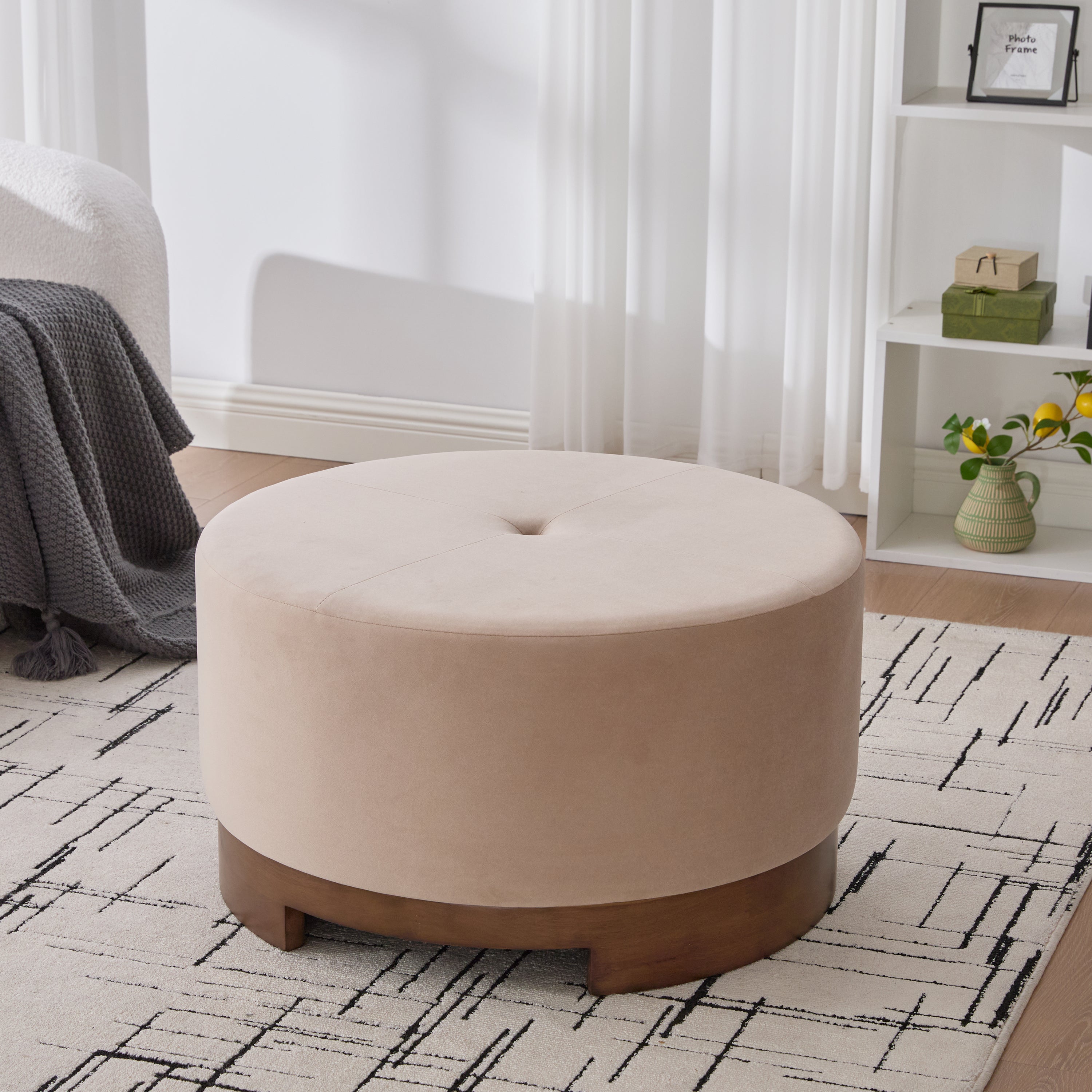 Arden Collection Round Velvet Upholstered Ottoman with Solid Wood Base