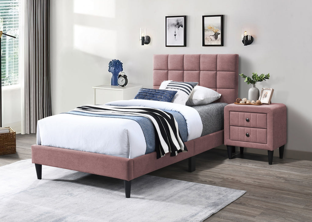 Modern Style Full Size Bed Nightstands Pink Upholstered Brushed Linen Fabric 3pc Bedroom Set