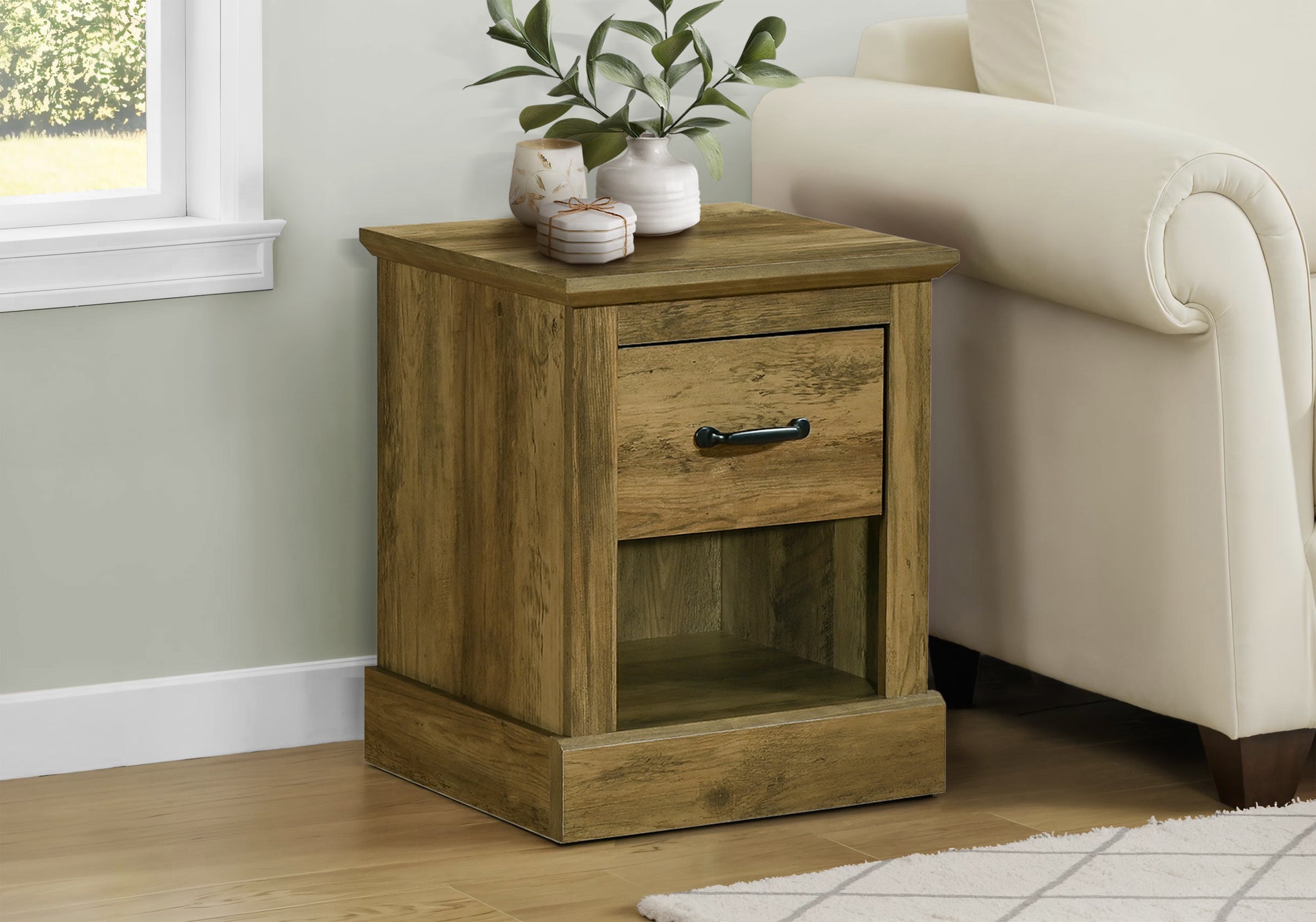Accent Table, 21'h, End, Side Table, Storage Drawer, Nightstand, Lamp, Living Room, Bedroom, Dark Brown Oak Laminate, Transitional