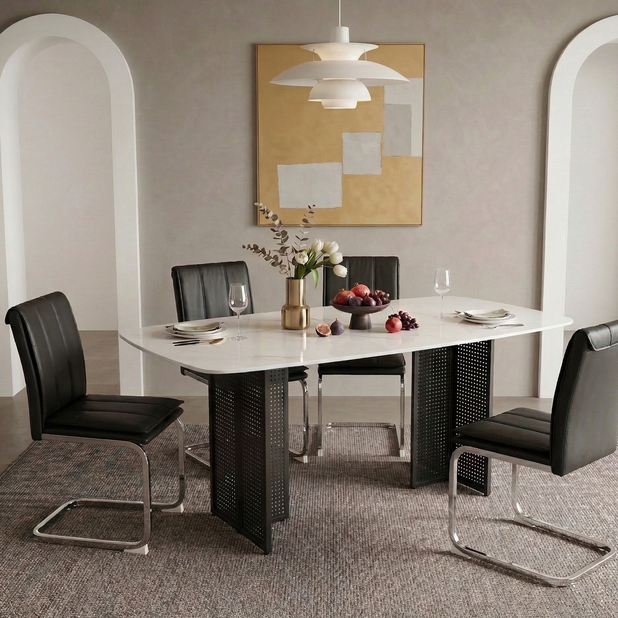 Modern-Style Rectangular Tempered Glass Dining Table for 6, Featuring a Marble-Patterned Design with black Hollow-Out Metal Legs, an Ideal Dining Table for Living Rooms and Home Offices.